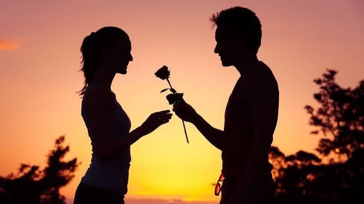 A couple silhouetted against a sunset as one offers the other a rose